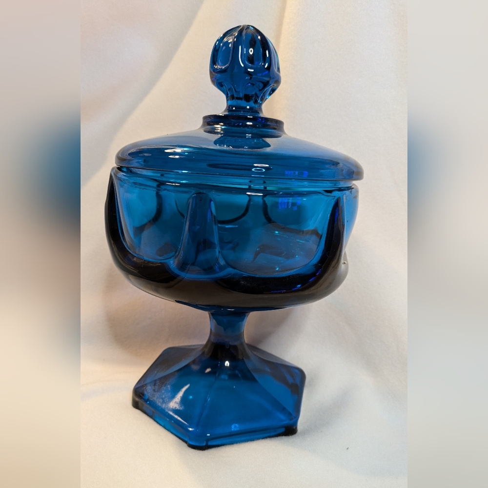 1960's Mid Century Modern Blue Glass Viking Covered Pedestal Dish 6"x 9"